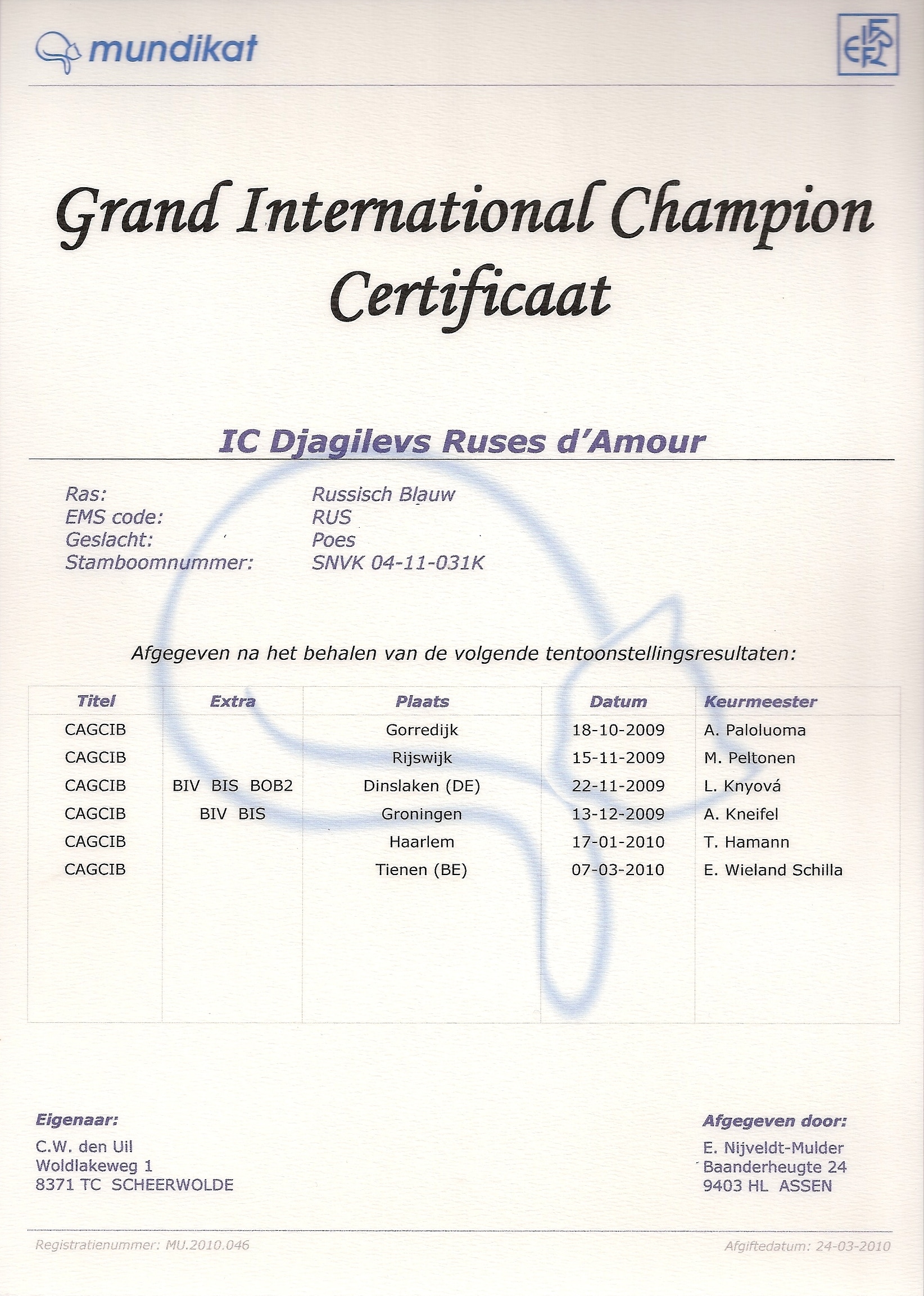 Grand International Champion certificaat Djagilevs Ruses d'Amour.jpg