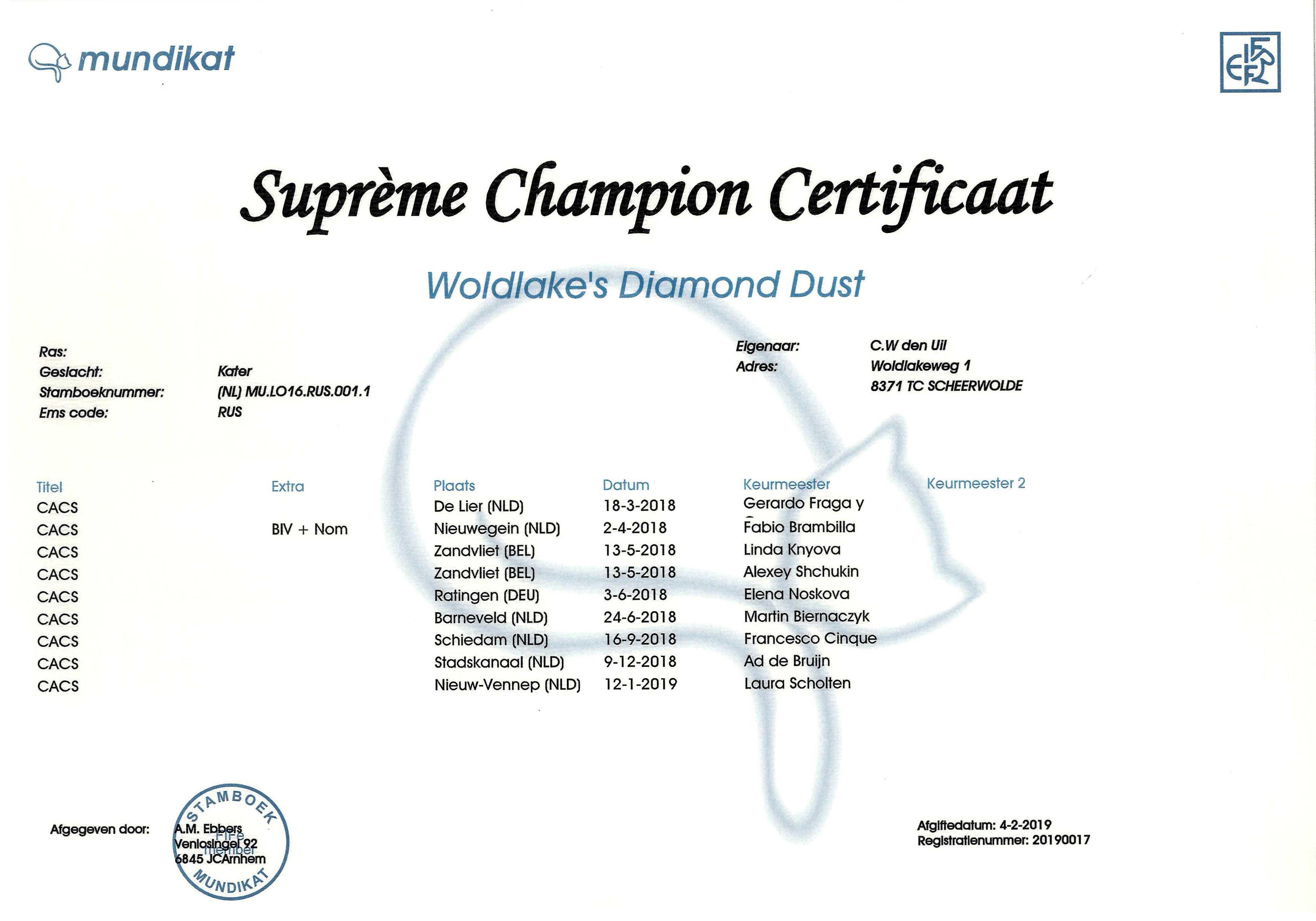 Supreme Champion certificaat