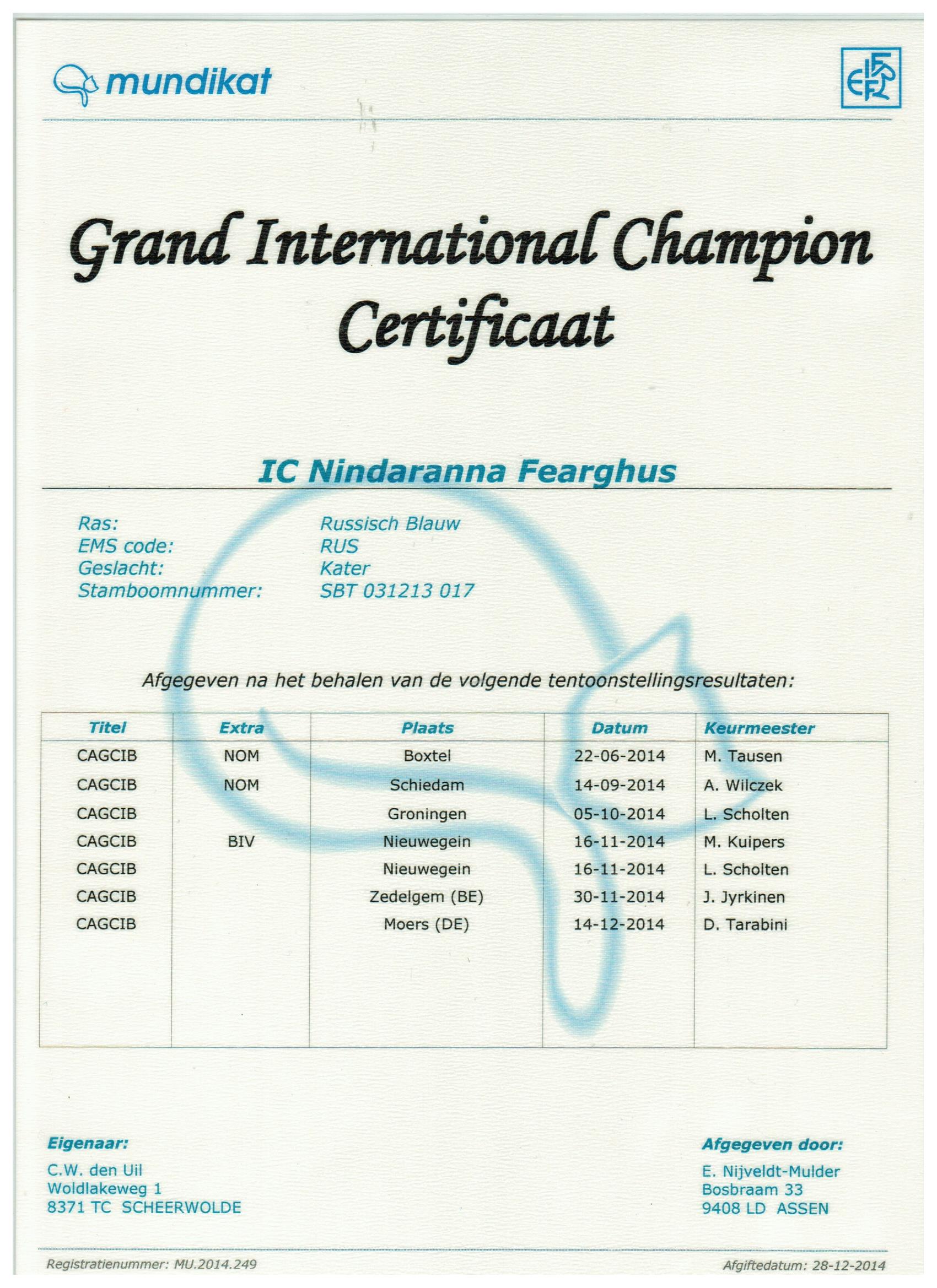 Groot Internationaal Kampioens certificaat Fearghus