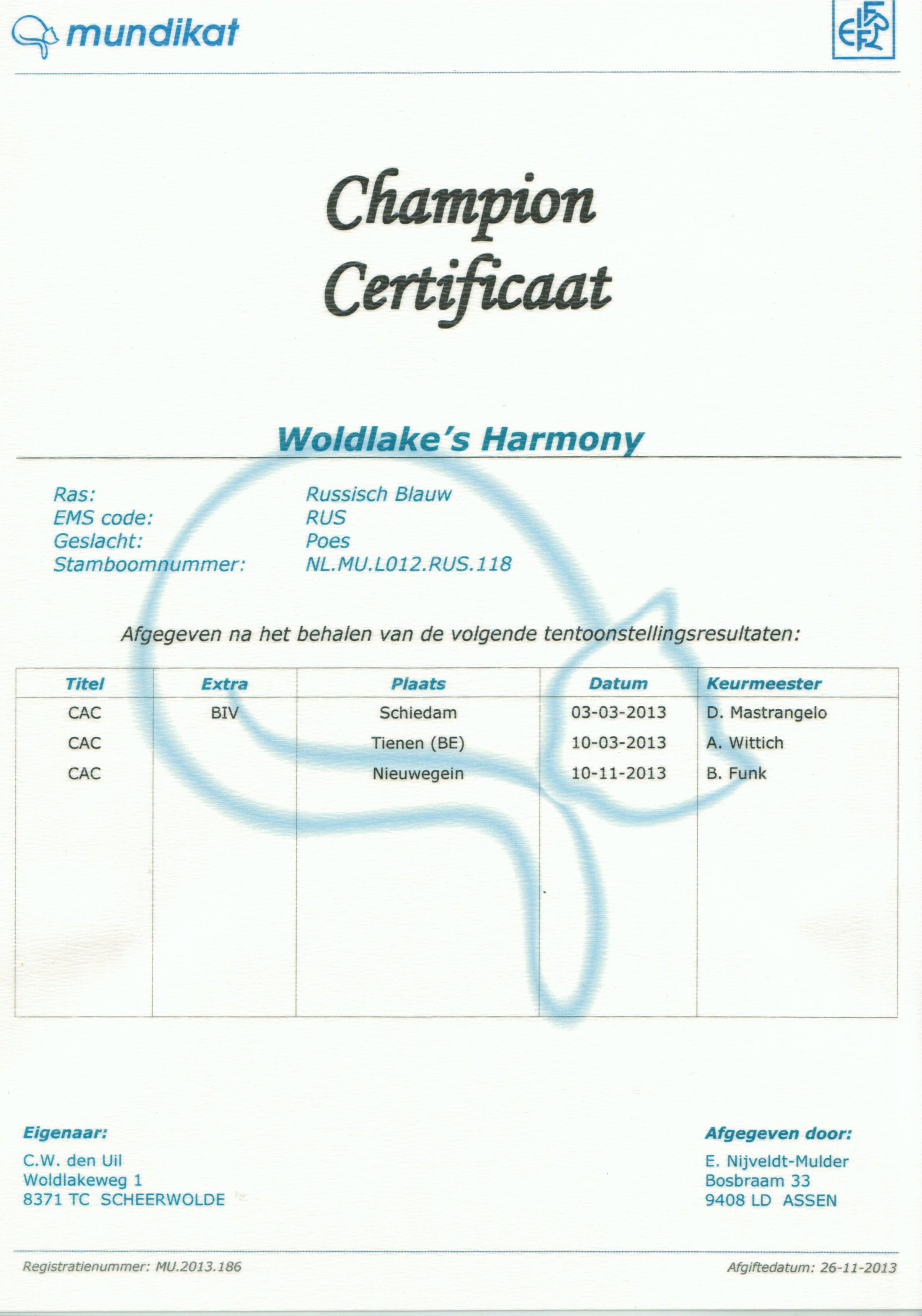 Champion certificaat Woldlake's Harmony.jpg